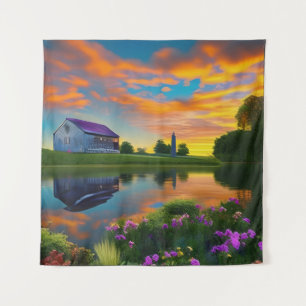 Farmhouse Purple roof Pond at Sunrise  Tapestry
