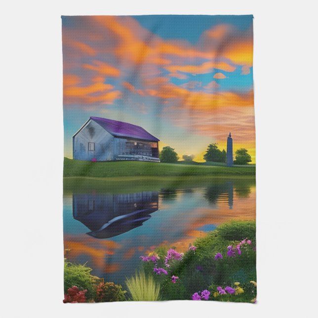 Farmhouse Purple Roof Pond at Sunrise  Tea Towel (Vertical)