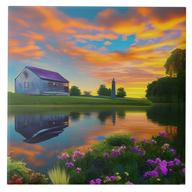 Farmhouse Purple Roof Pond at Sunrise  Tile (Front)