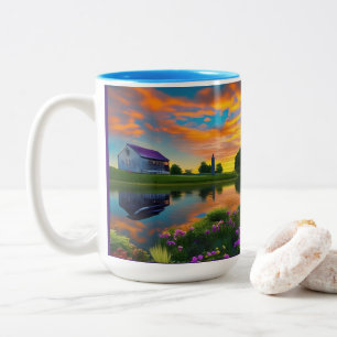 Farmhouse Purple Roof Pond at Sunrise Two-Tone Coffee Mug