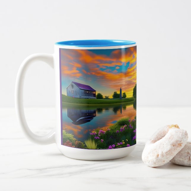 Farmhouse Purple Roof Pond at Sunrise Two-Tone Coffee Mug (With Donut)