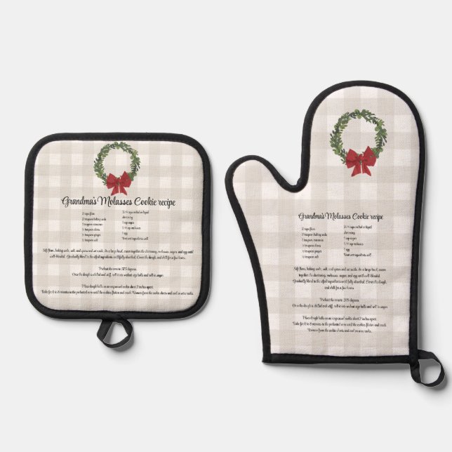 Farmhouse Recipe Keepsake Plaid Wreath Kitchen Oven Mitt & Pot Holder Set (Front)