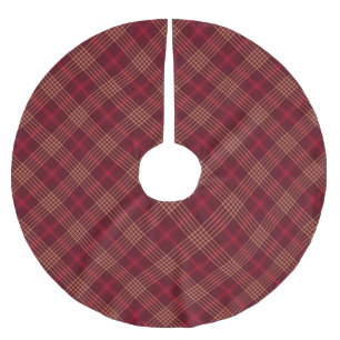 Farmhouse red bordeaux gold plaid diagonal pattern brushed polyester tree skirt