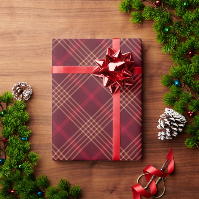Farmhouse red bordeaux gold plaid diagonal pattern wrapping paper (Holiday Gift)