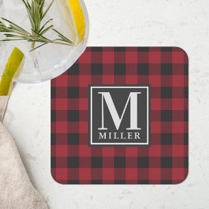 Farmhouse Red Buffalo Check Family Name Monogram Square Paper Coaster