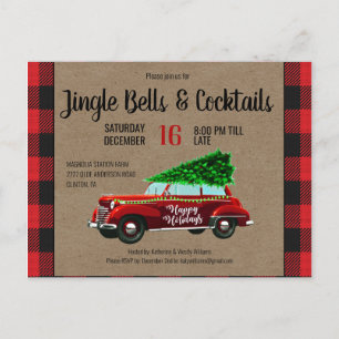 Farmhouse  Red Buffalo Plaid Christmas Party Announcement Postcard