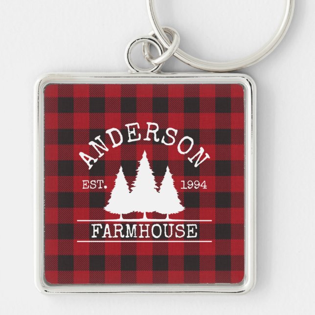 Farmhouse Red Buffalo Plaid Family Name Key Ring (Front)