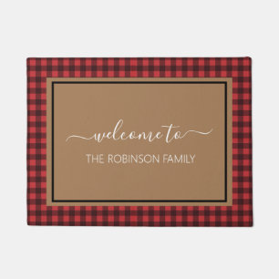 Farmhouse Red Buffalo Plaid Personalised Welcome Doormat