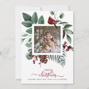 Farmhouse Red Check Photo Christmas Cardinal Holiday Card