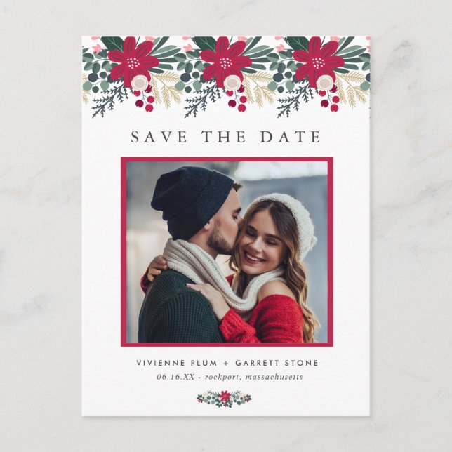 Farmhouse Red Floral Plaid Wedding Save the Date Postcard (Front)