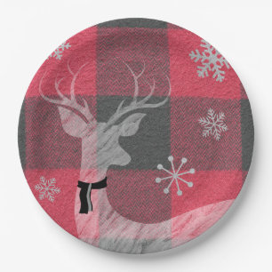 Farmhouse Red & Gray Buffalo Plaid Deer Snowflake Paper Plate