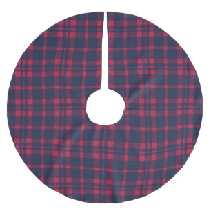 Farmhouse red navy blue hand drawn plaid country brushed polyester tree skirt