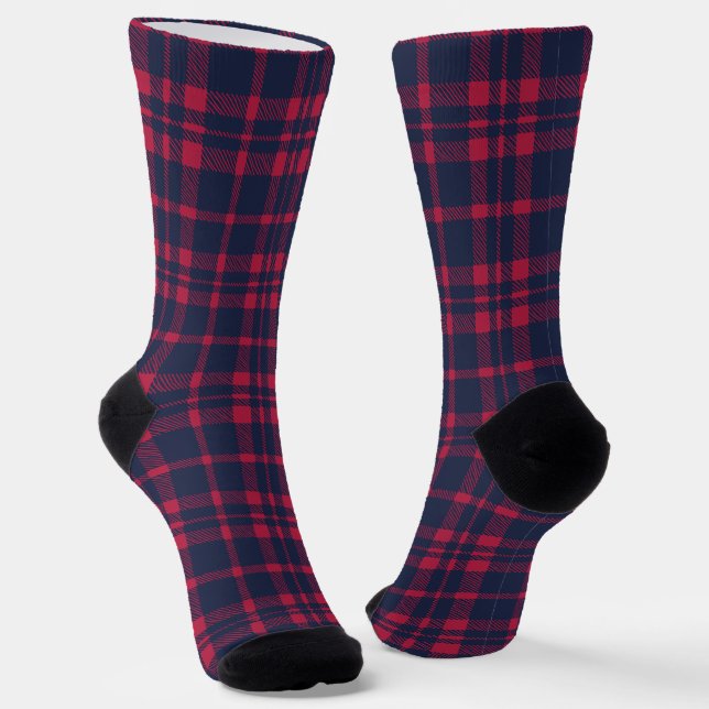 Farmhouse red navy blue hand drawn plaid country socks (Angled)
