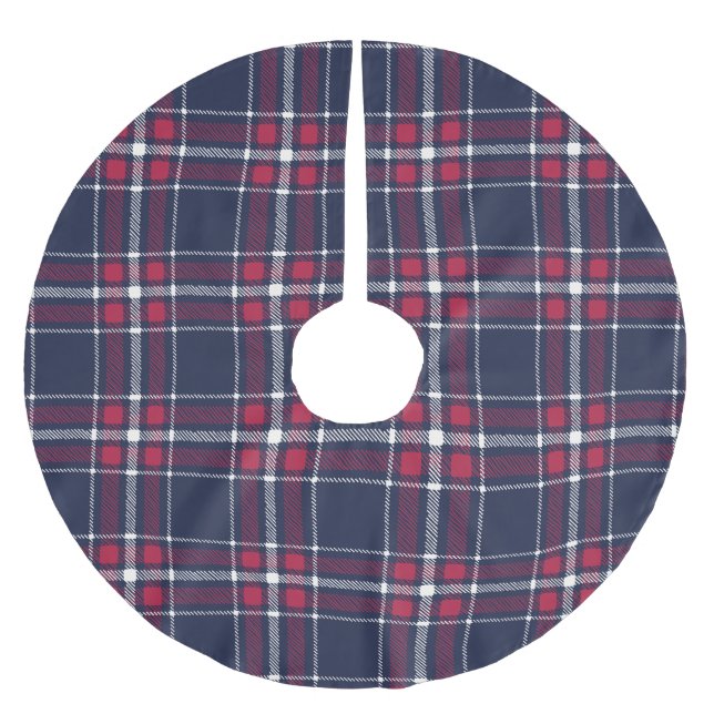  Farmhouse red navy white hand drawn plaid pattern Brushed Polyester Tree Skirt (Front)
