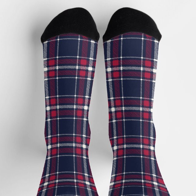  Farmhouse red navy white hand drawn plaid pattern Socks (Top)