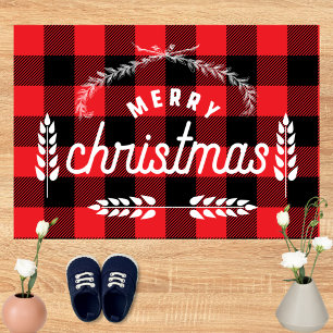 Farmhouse red plaid buffalo check Merry christmas Doormat