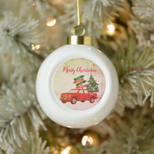 Farmhouse Red Truck Family Name Vintage Christmas Ceramic Ball Christmas Ornament