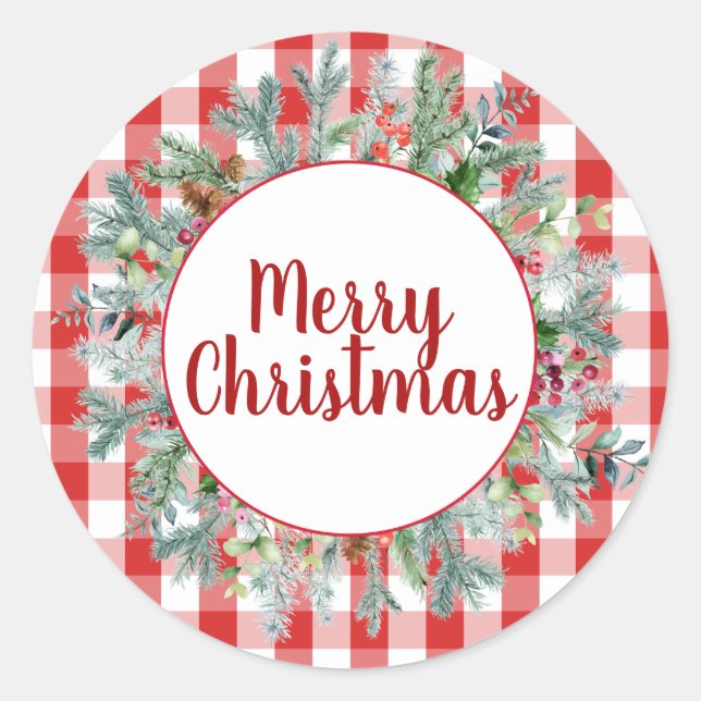 Farmhouse Red White Buffalo Check Merry Christmas Classic Round Sticker (Front)