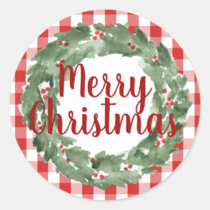 Farmhouse Red White Buffalo Check Merry Christmas Classic Round Sticker