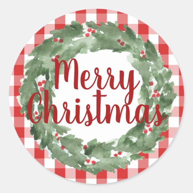 Farmhouse Red White Buffalo Check Merry Christmas Classic Round Sticker (Front)
