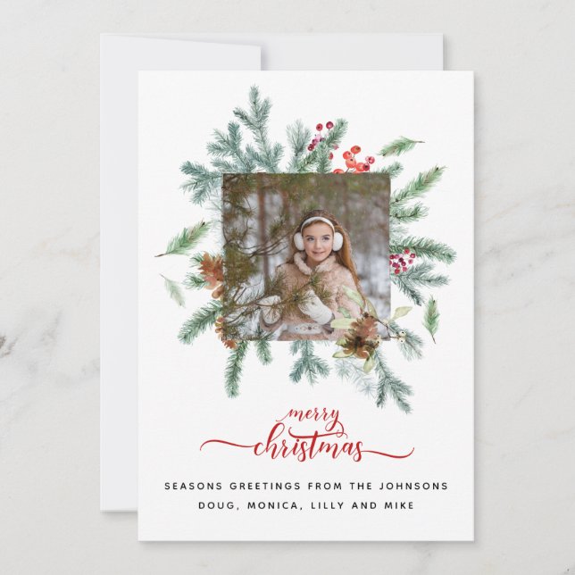 Farmhouse Red White Buffalo Check Photo Christmas Holiday Card (Front)