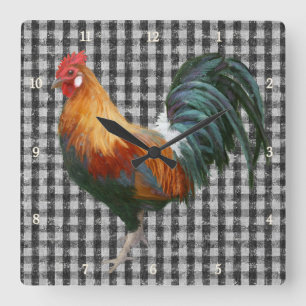 Farmhouse Rooster Black and White Rustic Country Square Wall Clock