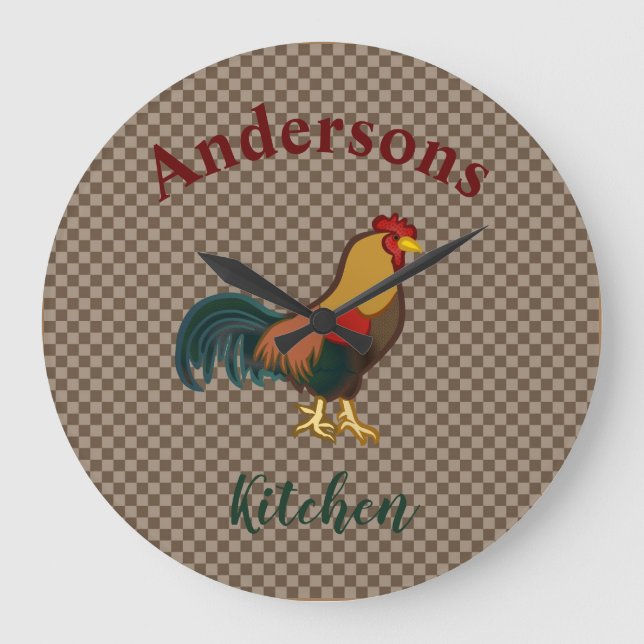 Farmhouse Rooster Design Gingham Chicken Clock (Front)