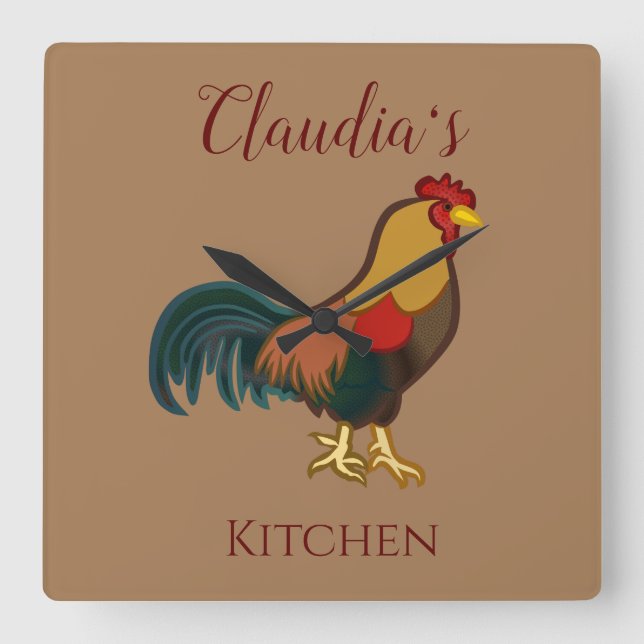Farmhouse Rooster Design Kitchen Square Wall Clock (Front)