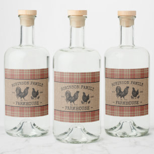 Farmhouse Rooster Hen Red Plaid Burlap Labels