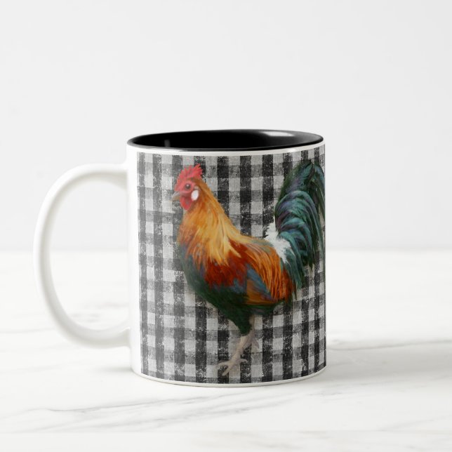 Farmhouse Rooster Red Gold Farm Black White Check Two-Tone Coffee Mug (Left)