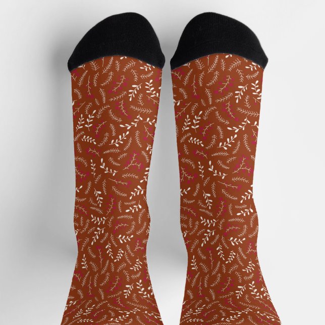 Farmhouse rust cinnamon rustic foliage pattern socks (Top)
