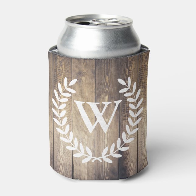 Farmhouse Rustic Barn Wood Laurels Initial Letter Can Cooler (Can Front)