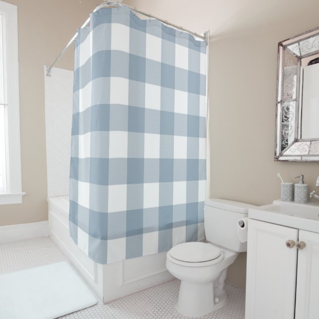 Farmhouse Rustic Blue Grey Buffalo Plaid Square Shower Curtain (In Situ)