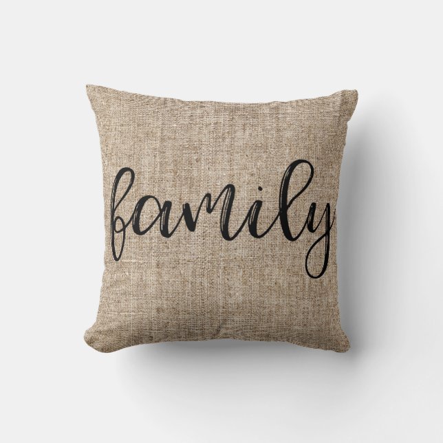 Farmhouse Rustic Brown Sacking Burlap FAMILY Cushion (Front)
