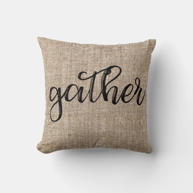 Farmhouse Rustic Brown Sacking Burlap GATHER Cushion (Front)