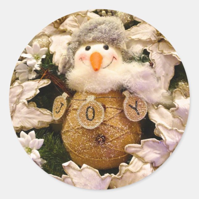 Farmhouse Rustic Burlap Snowman Poinsettia Holiday Classic Round Sticker (Front)