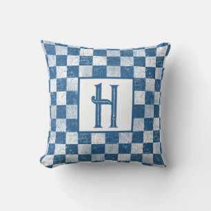 Farmhouse Rustic Checks, Monogram, Blue, White Cushion