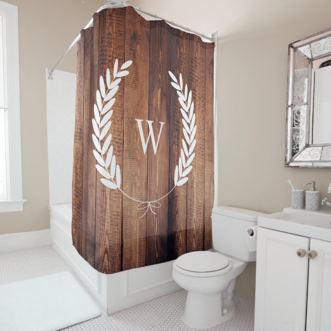 Farmhouse Rustic Country Bow Laurels Wood Planks Shower Curtain (In Situ)