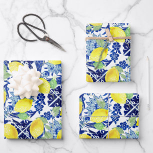 Farmhouse Rustic Country Lemons Blue Floral Wrapping Paper Sheet