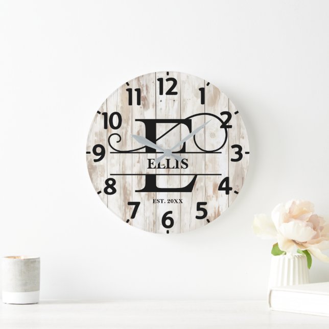 Farmhouse Rustic E Monogram Large Clock (Home)