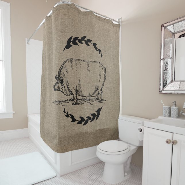 Farmhouse Rustic Faux Burlap Laurels Pig Sow Shower Curtain (In Situ)