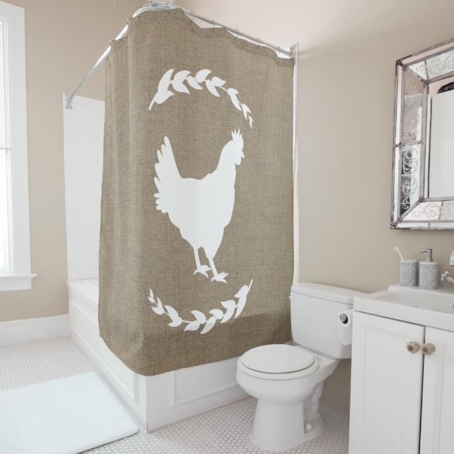 Farmhouse Rustic Faux Burlap Laurels White Hen Shower Curtain (In Situ)