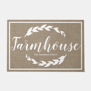Farmhouse Rustic Laurels & Faux Burlap Doormat