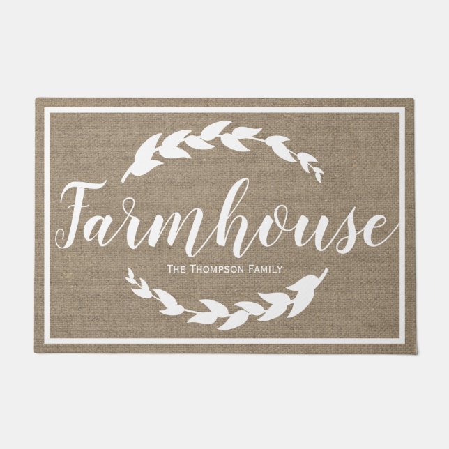 Farmhouse Rustic Laurels & Faux Burlap Doormat (Front)