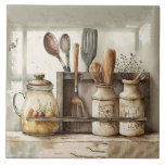 Farmhouse Rustic Utensils Kitchen Ceramic Tile<br><div class="desc">Rustic kitchen utensils with crocks & kitchen items create the perfect country farmhouse and cottage ceramic tile.  100% customer satisfaction with "Zazzle" every day.</div>