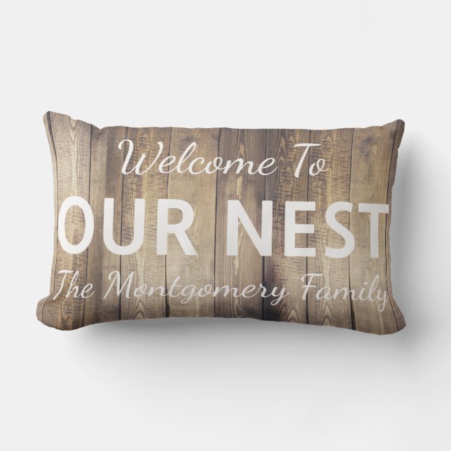 Farmhouse Rustic Welcome To Our Nest Family Name Lumbar Cushion (Front)