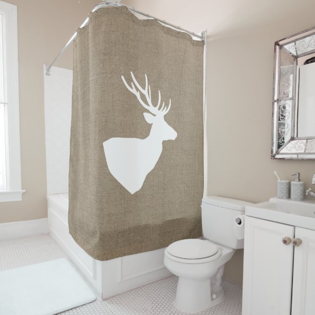 Farmhouse Rustic White Deer & Faux Burlap Shower Curtain (In Situ)