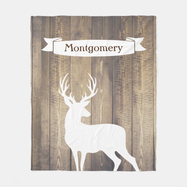 Farmhouse Rustic White Deer Ribbon Family Name Fleece Blanket (Front)