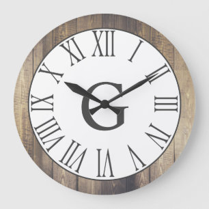 Farmhouse Rustic White & Faux Wood Grey Numerals Large Clock