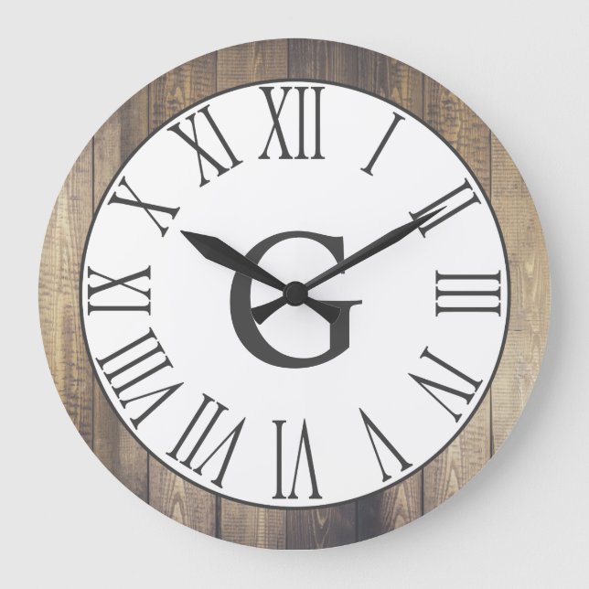 Farmhouse Rustic White & Faux Wood Grey Numerals Large Clock (Front)